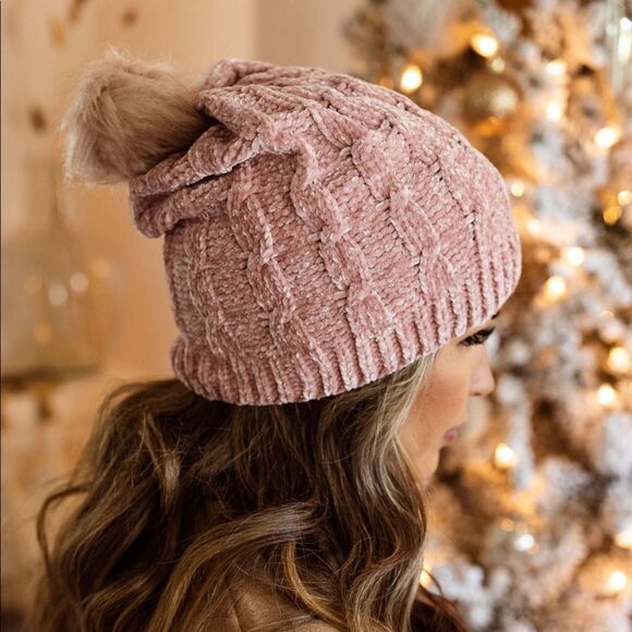 Accessories - Pink mauve fizzy puff soft chenille type winter beanie hat